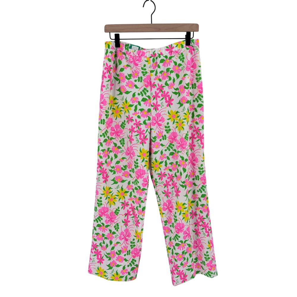 Vintage 70s Lilly Pulitzer Floral Wide Leg Pants Pink Green Size 16 Mod Preppy